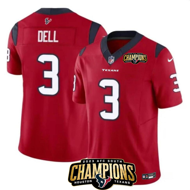 Men's Houston Texans #3 Tank Dell Red 2023 F.U.S.E. AFC South Champions Patch Vapor Untouchable Limited Football Stitched Jersey